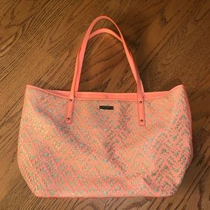 Kate Spade- Coral and Straw Woven Tote